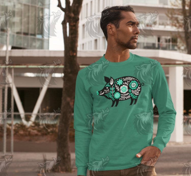 Teal Floral Wild Boar PNG