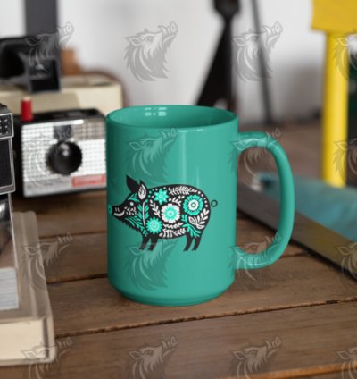 Teal Floral Wild Boar PNG 4