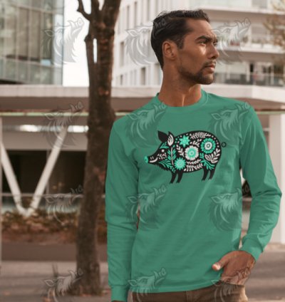 Teal Floral Wild Boar PNG 3