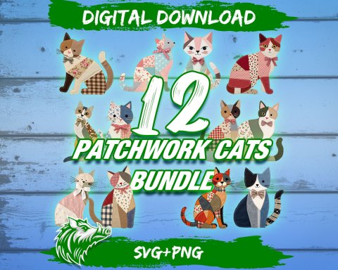 12 Patchwork Cats PNG Bundle