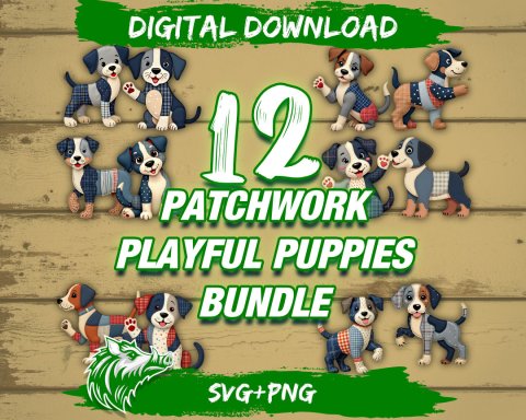 12 Patchwork Playful Puppies PNG Bundle